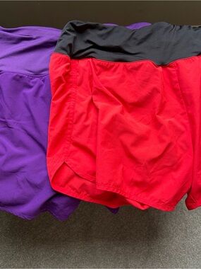 Baleaf Red and Purple Athletic Shorts Set with Black Waistband